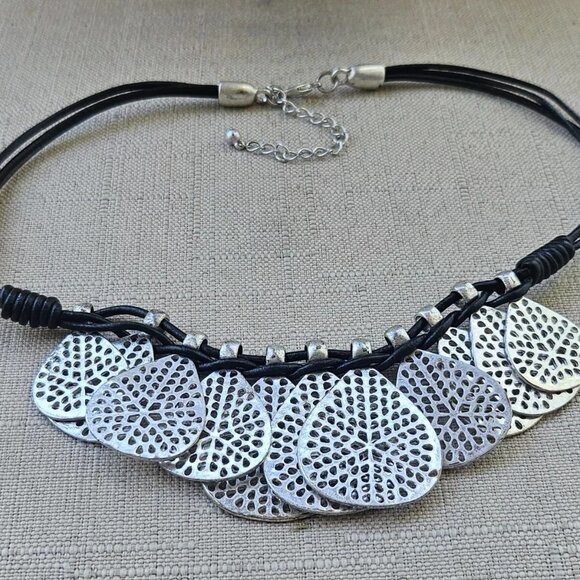 Women Necklace Silver Tone Heart Shape Coin Pendant Fashion Jewelry Black Cord - Picture 4 of 6